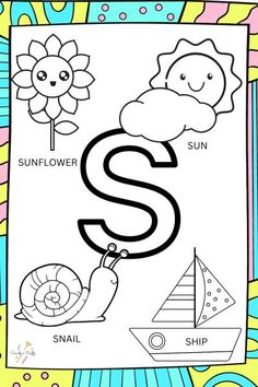 the letter s is for sunflower and snail coloring page with an image of a flower