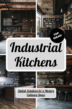 an industrial kitchen with wooden floors and counter tops, including bar stools and chairs