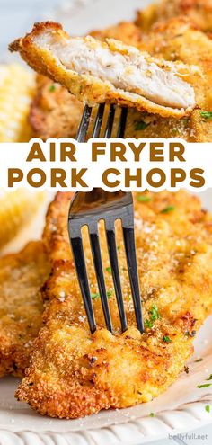 air fryer pork chops on a plate with a fork