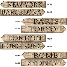 three wooden signs pointing in different directions with the words new york, barcelona, paris, tokyo and london