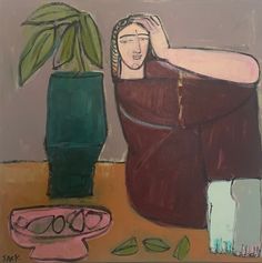 a painting of a woman sitting next to a potted plant