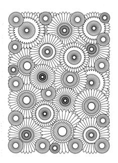 a black and white drawing of flowers with circles in the middle, on a white background