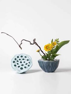 two ceramic vases with flowers in them on a white surface, one is holding a branch