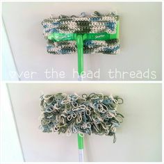 two pictures of the same mop with different colors and patterns on it, one has a green handle