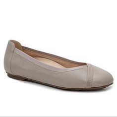 Vionic Spark Carol Leather Ballet Flat Shoes In Light Grey Taupe Stone Color Round Closed Toe Slip On Style Elastic Top Line Detail Soft Microfiber Flexible Rubber Outsole Sueded Cushioned Padded Insole Bio-Mechanical Footbed Molded Arch Support Hugs Your Foot For Secure Orthotic Aligned Fit 1/4” Heel Rubber Sole Quality All Day Comfortable Shoes Women’s Size 5 Tts Standard Width Nwt Nib New W/Box No Flaws Spring Petit Walking Casual Workwear Career Business Professional Classic Timeless Suede Loafers Women, Bio Mechanical, Gray Leather Shoes, Pointed Ballet Flats, Metallic Loafers, Black Leather Ballet Flats, Mary Jane Shoes Flat, Floral Flats, Comfort Shoes Women