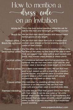 a poster with the words how to mention a dress code on an invitation