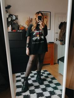 Grungy Womens Outfits, Millenial Alt Fashion, Mid Size Edgy Fashion, Alt Oversized Tshirt Outfit, Summer Goth Outfits Midsize, Goth Oversized Shirt Outfit, Aftershock Outfit, Goth Tshirt Outfits, Alt Spring Fashion