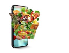 a person holding a shopping cart filled with fruits and vegetables in front of an iphone