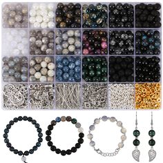 various beads and bracelets are arranged in an organized display case on a white background