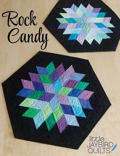 two quilted hexagonals with the words rock candy written on each one