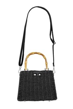 Turn lock closure bamboo handled ratttan straw box wicker basket bag 8" x 6" x 3.25" 100% wicker shell100% faux leather trim100% cotton lining Wipe clean with cloth Black Straw Bag With Bamboo Handle For Beach, Black Straw Top Handle Shoulder Bag, Black Handheld Bucket Bag For Summer, Black Woven Straw Shoulder Bag, Black Straw Bag With Handles For Vacation, Black Woven Straw Crossbody Bag, Black Shoulder Bag With Bamboo Handle For Beach, Casual Black Straw Bag, Chic Handheld Straw Bag With Bamboo Handle