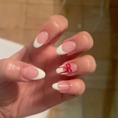 Christmas Simple Nail Ideas, Red Bow French Tip Nails, Nails For Red Hoco Dress, White French Tips With Red Design, White French Tips With Red Bow, French Tip With Red Bow, Cute Christmas Nails French Tip, Cute Basic Christmas Nails