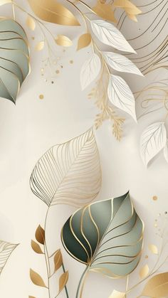 a white and gold wallpaper with leaves on it