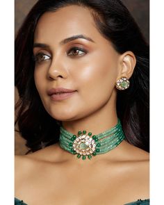 Multi Shaded Green Polki Choker Set - Joules By Radhika This designer handcrafted kundan polki beaded choker necklace & earring set is made with shade of green agates & carved monalisa stone in the centre. Ideal to be worn on festive, wedding & party occassions on your Indian & fusion attire. Every artistic piece from Joules by Radhika is made with real semi precious stones only, giving it a regal look & feel. Necklace has adjustable locking system to fit all neck sizes. SET INCLUDES: Maang Tikk Polki Studs, Polki Choker Set, Bridal Jewellery Online, Polki Choker, Choker Jewellery, Choker Set, Bridal Jewellery Indian, Green Beads, Beaded Choker Necklace