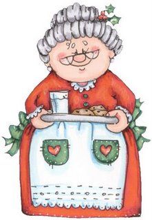 an old woman holding a plate with food on it and holly decorations around her neck