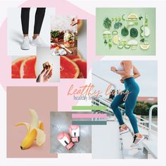 a collage of photos including bananas, fruits and other things in pink and green