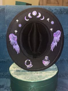 Hand painted hats....custom orders available, just contact shop! Witchy Wide Brim Hat, Witchy Adjustable Brimmed Hat, Halloween Witchy Wide Brim Hat, Black Brimmed Witchy Hat, Black Hand-painted Hat With Curved Brim, Painted Hats, Wide Brim Fedora, Witchy Vibes, Wide Brimmed