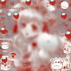 a red and white wallpaper with hearts on it's face, in the center is an image of a cow