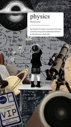 a collage of science related items including an eye, telescope and other things in the background