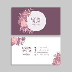 two business cards with flowers on the front and back, one is purple and white