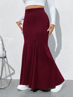 Plus Size Women's Solid Color Simple Casual Skirt Burgundy Elegant   Knitted Fabric Plain Mermaid Medium Stretch  Women Plus Clothing, size features are:Bust: ,Length: ,Sleeve Length: Elegant Dresses Long, Plus Size Skirts, Black Party, Casual Skirt, Plus Size Casual, Dress 100, Elegant Dress, Printed Skirts, Plus Clothing