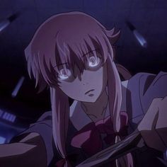 an anime character with long hair and blue eyes holding a knife in her hand while staring at the camera