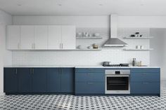 a kitchen with blue cabinets and white walls