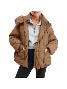 PiePieBuy Womens Zipper Hooded Puffer Long Sleeve Winter Warm Coats With Pockets Brown Casual  Long Sleeve  Plaid,Plain Other   Women Clothing, size features are:Bust: ,Length: ,Sleeve Length: Puffer Coat With Hood, Coat With Hood, Hooded Puffer Jacket, Warm Down, Adventure Style, Jacket Long, Oversized Style, Chilly Weather, Formal Dresses For Women