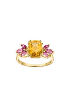 Vibrant marquise-cut pink topaz frames a cushion-cut citrine stone centered on a gleaming 10-karat gold ring. 10k gold/citrine/pink topaz Imported Pink Topaz Ring, Pink Topaz, Citrine Stone, Size 10 Rings, Keep Jewelry, Marquise Cut, Topaz Ring, Cushion Cut, 10k Gold