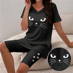 Season:Summer; Fabric:Polyester; Sleeve Length:Short Sleeve; Look After Me:Machine wash,Hand wash; Gender:Women's; Style:Fashion; Elasticity:Micro-elastic; Tops Type:T Shirt,Shorts Sets; Occasion:Casual Daily; Details:Top,Bottom; Fit Type:Regular Fit; Pattern:Cat; Design:Print; Neckline:V Neck; Brand:Shall We; Pants Type:Below Knee Length Shorts; Front page:FF; Listing Date:01/19/2024; Production mode:External procurement; Bust:; Hips:; Length [Bottom]:; Length [Top]:; Sleeve:; Waist:; Fit US Si Summer Two Piece Outfits, Womens Basic Tops, Biker Shorts Outfit, Shirt Pant Set, Women's Blouses, Womens Pyjama Sets, Type Of Pants, Women Shirts Blouse, Casual Sets