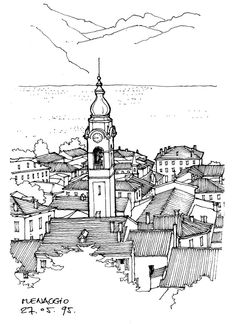 an ink drawing of a town with a clock tower