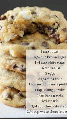 chocolate chip cookies stacked on top of each other with instructions for how to make them