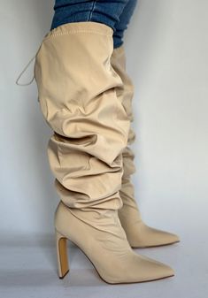 Our Slouch chunky heel boot features canvas material and a chunky heel. This boot is very versatile and can be worn up the leg or gathered around the calf. Details: Slouchy mid-calf height shaft, pull on fit, pointed toe Heel Height: approx 4" True fit for most Chic Beige Knee-high Boots With Pointed Toe, Chic Beige Knee-high Heeled Boots, Beige High Heel Wide Calf Boots, Trendy Beige Mid-calf Boots For Fall, Beige Fitted Mid-calf Boots With High Ankle, Fitted Beige Mid-calf Boots With High Ankle, Fitted Beige Mid-calf High Ankle Boots, Fitted Mid-calf Platform Boots For Spring, Wide Calf Pointed Toe Knee-high Boots For Spring