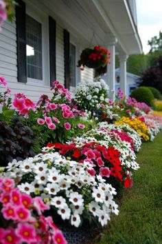 many different colored flowers in front of a house