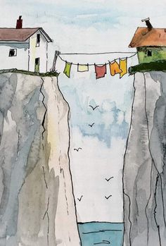 there is a house on the edge of a cliff with clothes hanging from it's line