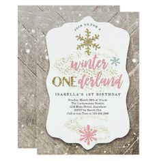 a snowflake is on the way birthday party card with pink and gold foil