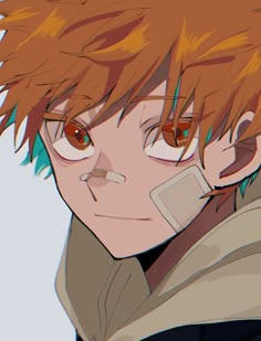 an anime character with red hair and brown eyes looking at the camera while wearing a hoodie