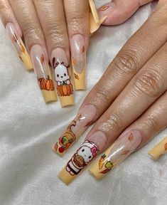 Snoopy Nails, Nail Salon Supplies, Anime Nails, Hello Kitty Nails, Thanksgiving Nails, Long Square Acrylic Nails