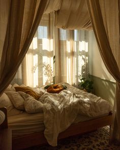 an unmade bed sitting in front of two windows with sheer drapes on them