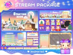 an animated christmas game with the title'stream package'in front of it, surrounded by snow and buildings