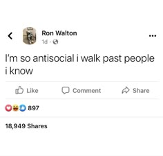 tweet from ron walton about the antisocial walk past people i know