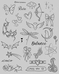 some tattoos that are on the back of a sheet of paper with words and symbols