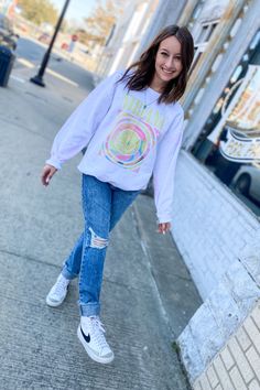 Look chill while rocking this comfy sweatshirt! Featuring a soft nirvana print with muted colors and intricate pink swirls, this cool and cozy sweatshirt is the perfect way to show off your style! Throw it on and go, 'cause you'll be looking sharp in no time! unisex fit crew neck 50/50 blend Emily is in size Medium Southern Roots Boutique112 W Main St Paragould, AR Distressed Sweatshirt, Distressed Mom Jeans, Pink Punch, Pink Swirls, Comfy Sweatshirt, Cozy Sweatshirts, Sneak Peek, Muted Colors, High Rise