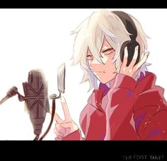 an anime character holding a microphone and talking on the phone