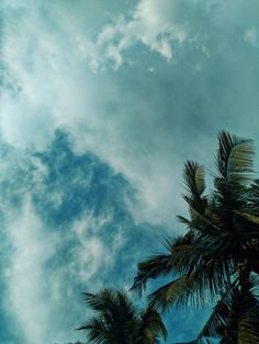 the sky is filled with clouds and palm trees in front of it, as seen from below