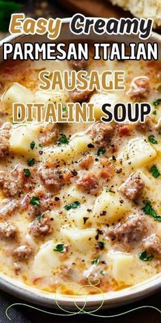 Easy Creamy Parmesan Italian Sausage Ditalini Soup Italian Sausage Recipes Easy, Ditalini Soup, Easy Sausage Recipes, Italian Soup Recipes, Sausage Soup Recipes, Sausage Dinner, Italian Sausage Soup, Italian Sausage Recipes, Soup With Ground Beef