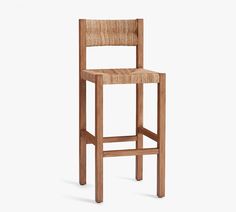 a wooden bar stool with a seat made out of wood and woven upholster