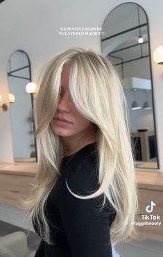 Bright Blonde Hair With Layers, Bright Cool Blonde Hair, Butter Blonde With Shadow Roots, Long Blonde Hair Haircuts, Norwegian Hair Line, Blonde Hair No Dimension, Long Blonde Layered Hair Face Framing, Light Blonde With Bangs, Swedish Blonde Hair Natural