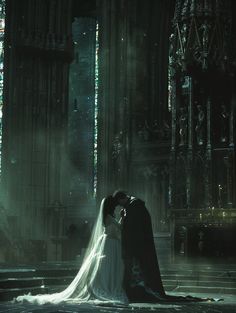 a bride and groom standing in front of a gothic cathedral with the light streaming through