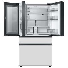 an open refrigerator and freezer combo with the door wide open to reveal it's contents